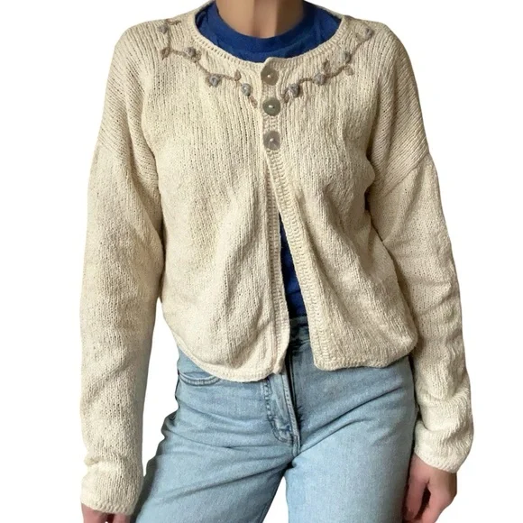 Vtg M. Gibson Peruvian Cream 100% Cotton Embroidered Cardigann Outlander - Picture 2 of 13